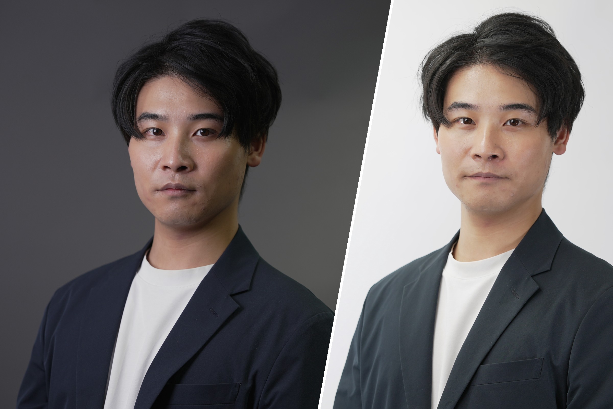 A　背景紙あり　白かグレーの背景紙の前で、ライトを組んで撮る、きちんとした一枚。名刺・登壇・役員紹介に