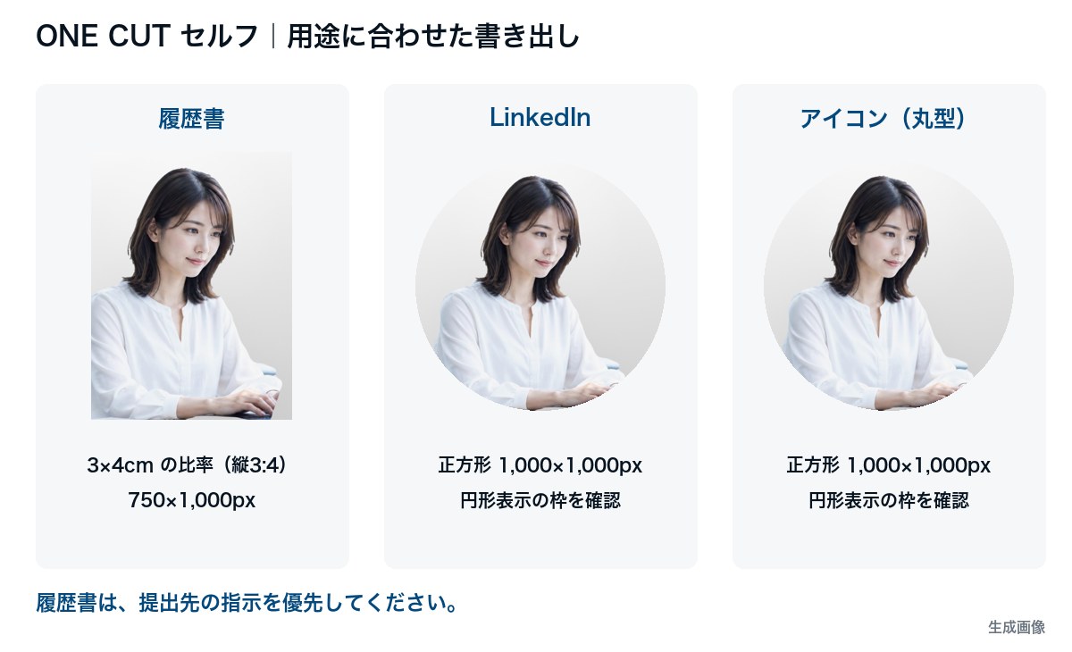 同じ人物写真を履歴書の縦長枠、LinkedInの円形枠、アイコン(丸型)の枠に並べた図