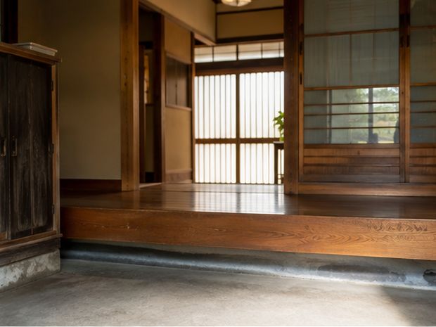 玄関の三和土から見た上がり框と、奥に伸びる廊下。引き戸から光が差している。
