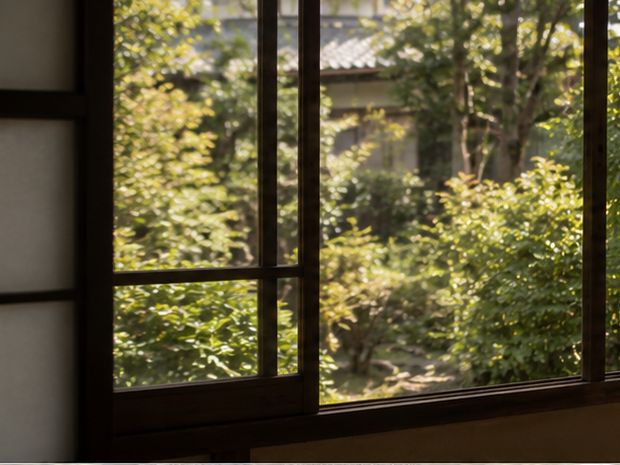 室内の窓から見える庭の景色。